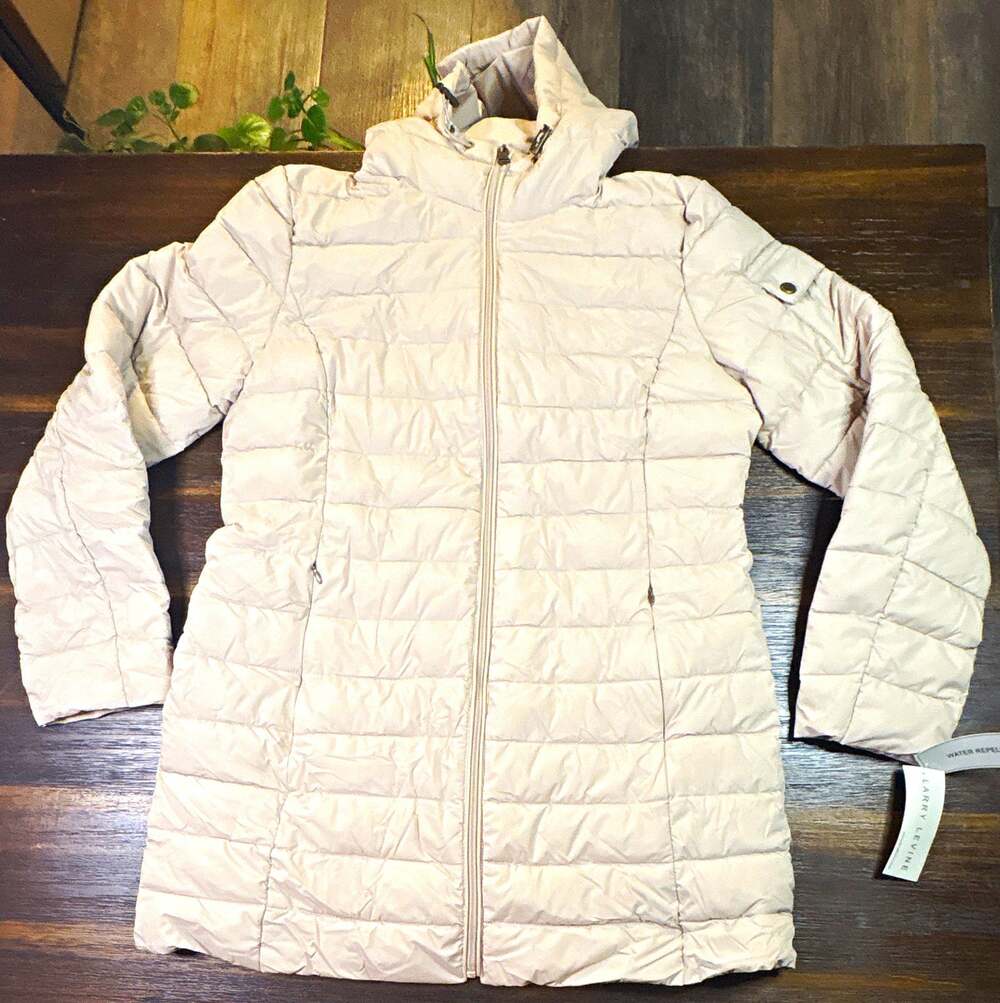 Larry Levine Womens Puffer Coat L Beige Hooded Packable Water Repellent NWT